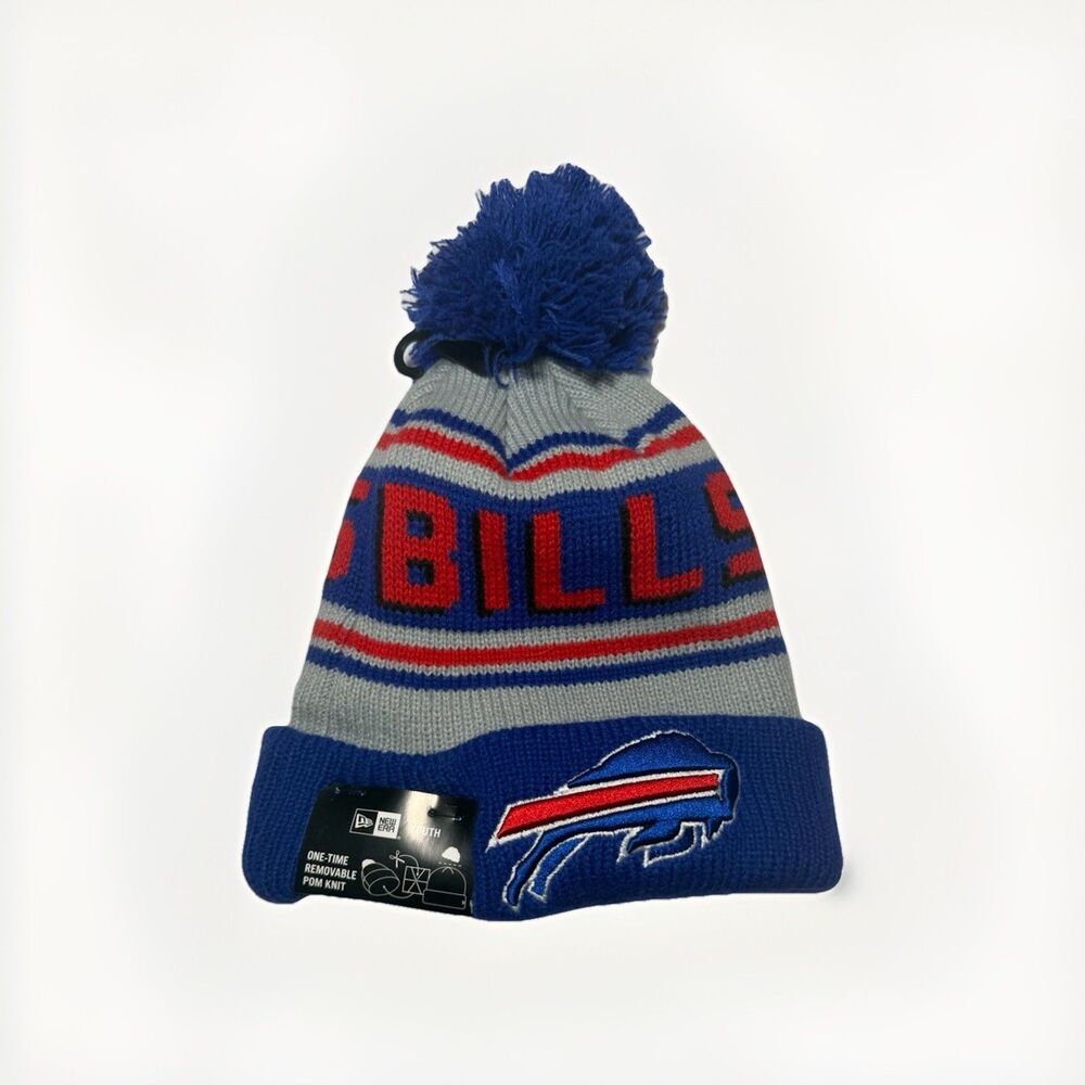 New Era Buffalo Bills Youth Pom Beanie Knit Hat Blue Gray NFL NWT